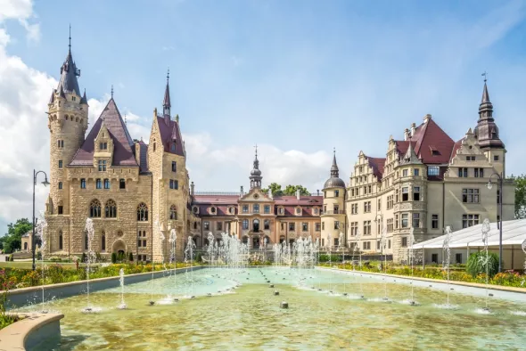 View of the fountain at Moszna Castle