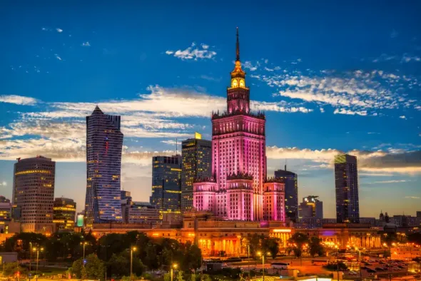 anoramic view of Warsaw city centre skyline with modern skyscrapers