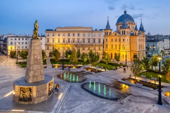 View of Freedom Square in Łódź, Poland, showcasing one of the city’s central landmarks