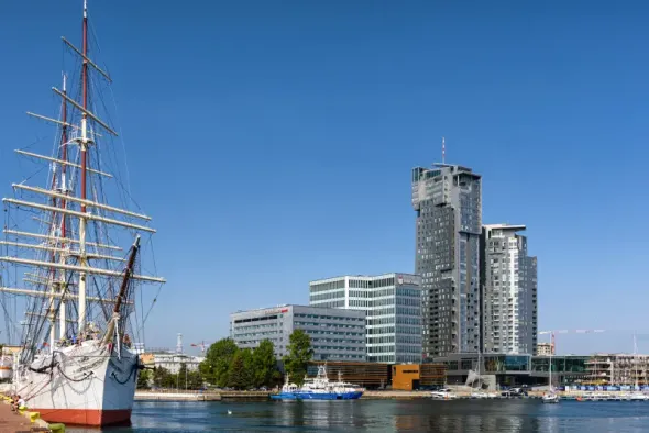Gdynia harbour with the Dar Pomorza sailing ship and modern city skyline