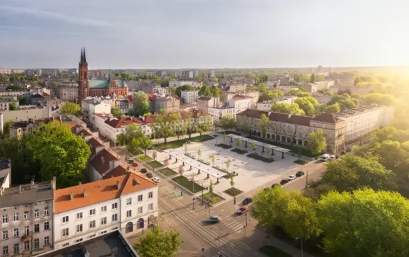 Aerial view of the Old Market Square in Łódź, Poland