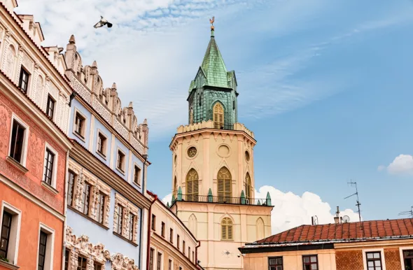 View of the towering spire of the Lublin Cathedral