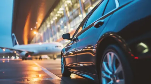 Luxury car parked near an airport terminal with an aeroplane in the background