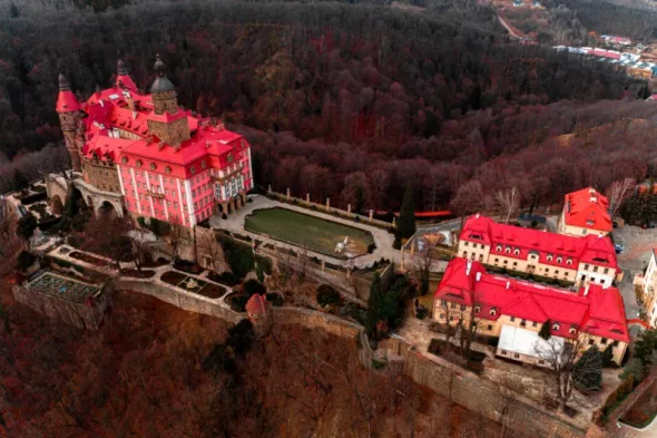 Aerial view of Książ Castle in Poland in autumn