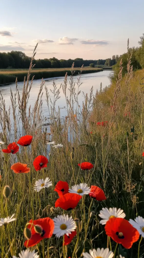Wildflower meadow at sunset in spring