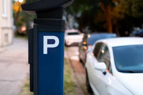 Parkomat stojący przy jednej z bocznych ulic w obszarze płatnego parkowania w Krakowie
