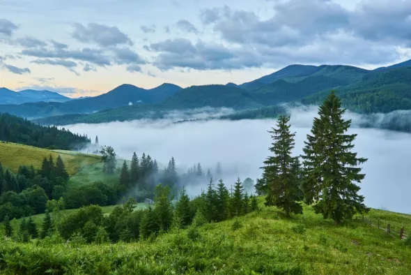 View of the beautiful Beskids during the fog