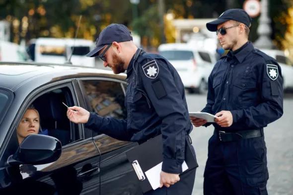 Policja sprawdza prawo jazdy kierowcy. Problemy z ubezpieczeniem przy jeździe bez uprawnień