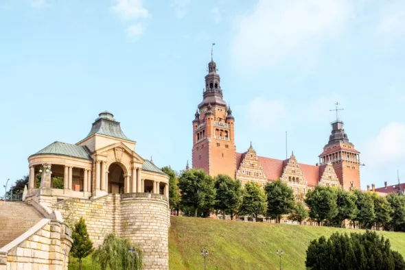 View old provincial office building haken terrace morning light Szczecin.