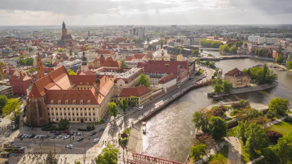 A bird's eye view of Wrocław on a sunny day