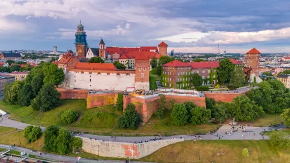 The beautiful Wawel Royal Castle in Krakow captured from a bird's eye view