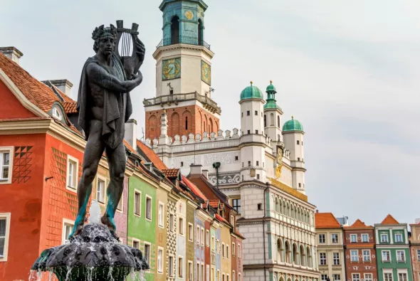 View of the Market Square in Poznań and the Town Hall with goats