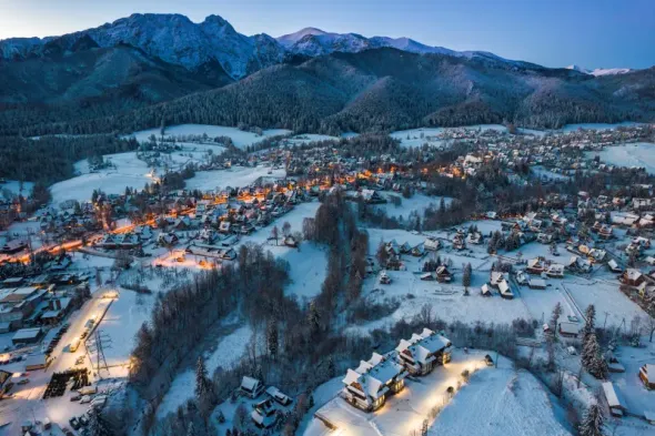 Aerial view of Zakopane and Giewont Mountain in winter during a 10 day Poland road trip