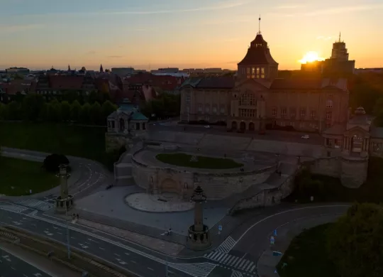 Aerial view embankment old town Szczecin Poland spring sunset