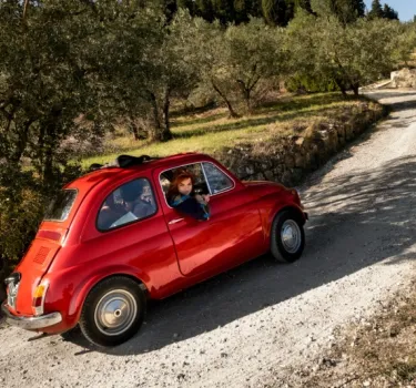 Mały czerwony samochód jadący pod górę w otoczeniu oliwnych gajów 