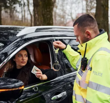 Policjant zmierza w kierunku zatrzymanego samochodu. Nowy taryfikator mandatów 2026