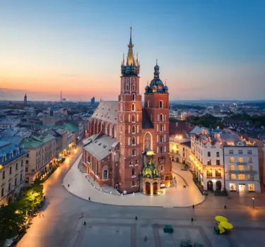 Aerial view of St. Mary's Basilica and Kraków Old Town, perfect starting point for day trips by car