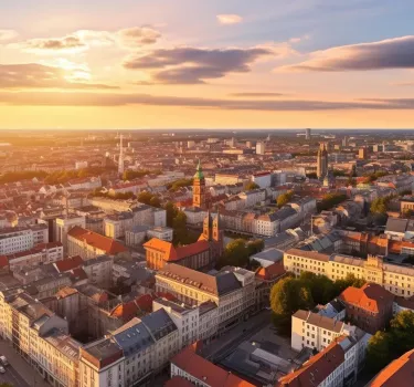 Lodz city sunset aerial view