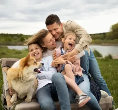 Happy family spending time outdoors on a family road trip in Poland