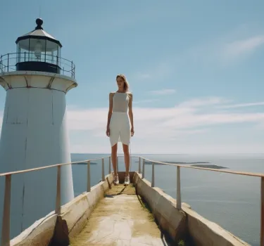 Eteryczna kobieta pozująca na tle latarni morskiej nad samym morzem