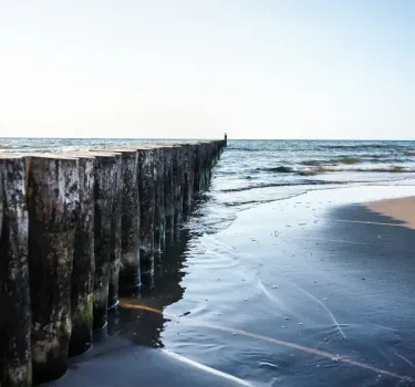 Wooden breakwaters on the sandy beach in Sianożęty on the Baltic coast