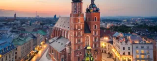 Aerial view of St. Mary's Basilica and Kraków Old Town, perfect starting point for day trips by car