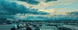 A plane landing at the airport next to the passenger parking lot