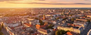 Lodz city sunset aerial view