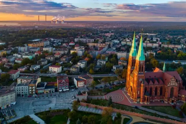 Panorama o zachodzie słońca - widok na Rybnik z lotu ptaka
