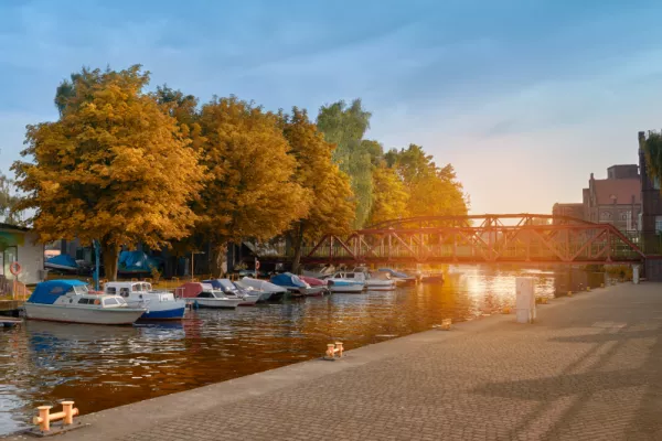 Szczecin. Motor boats at metal historic bridge