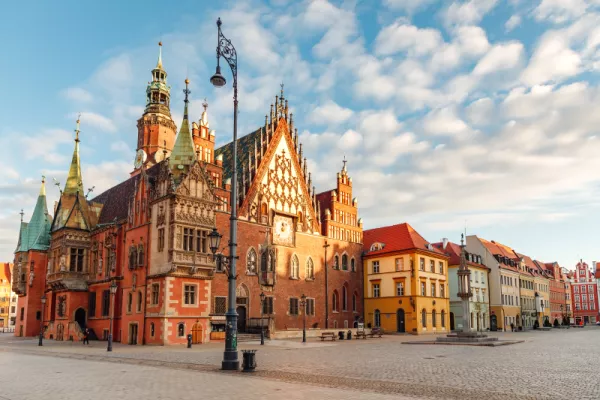 Wroclaw Market Square. View of the late Gothic Old Town Hall - one of the most beautifully preserved historic town halls in Poland
