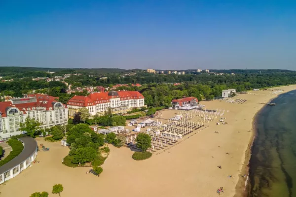 View buildings against clear blue sky aerial view pier Sopot