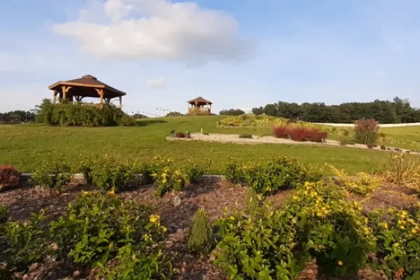 Arboretum w Wojsławicach, widok na ukwiecone wzgórza zwieńczone altanami wypoczynkowymi
