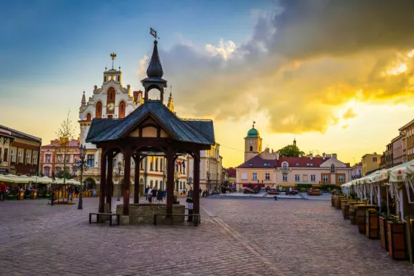 City square in Rzeszow. St. Adalbert and St. Stanislaw Church and streets of the city of Rzeszow