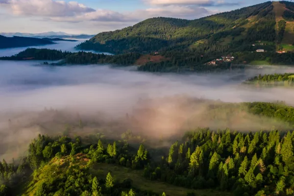 Aerial view of the Bieszczady Mountains on a foggy morning