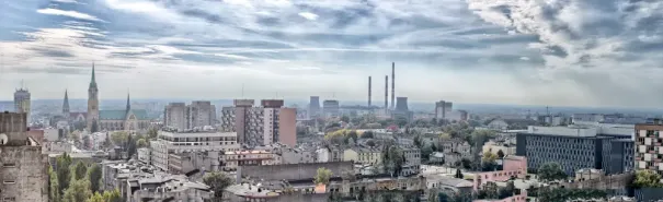 Aerial panoramic view of Łódź, Poland, showcasing the city’s architecture and urban landscape