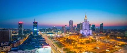 Aerial photo of Warsaw skyline in Poland at sunset