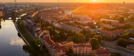 Breathtaking aerial view Lodz cityscape sunset in Poland 