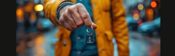 Close-up of hand holding car key with parked rental car