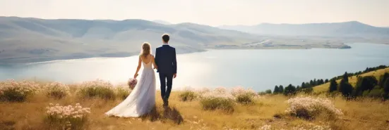 Bride and groom during a mountain wedding ceremony on their wedding day
