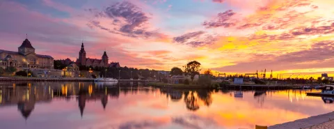 Old town oder river sunset Szczecin Poland