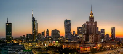 Palace of Culture and Science in Warsaw at sunset – starting point for day trips from Warsaw
