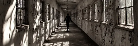 Młody mężczyzna badający opuszczoną i zrujnowaną przestrzeń miejską