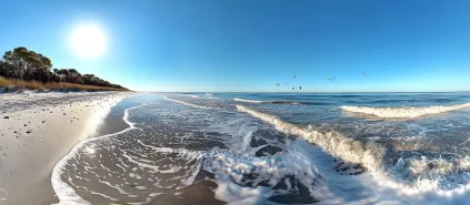 Stunning seascape panoramic view pristine beach bright sun in Sopot