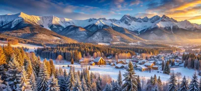 Winter wonderland vivid winter panorama with mountains spruce forest beautiful winter landscape Zakopane poland