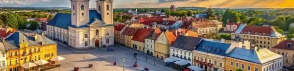 Widok na piękny rynek Wadowic z lotu ptaka