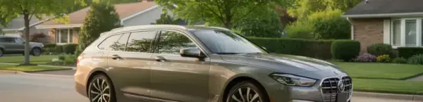 Wołomin - nowoczesny samochód osobowy stoi zaparkowany na tle bujnej zieleni podmiejskiej,