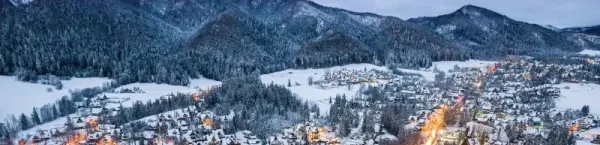 Rozległa panorama miasta Zakopane zimą z górami w tle